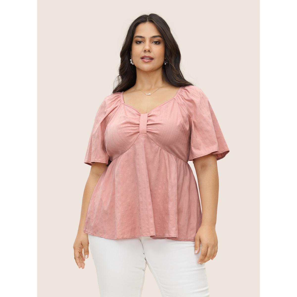 Plus Size Rouge Plain Heart Neckline Ruched Ruffle Sleeve Blouse Women Elegant Half Sleeve Heart neckline Everyday Blouses BloomChic 28/5X Product Image