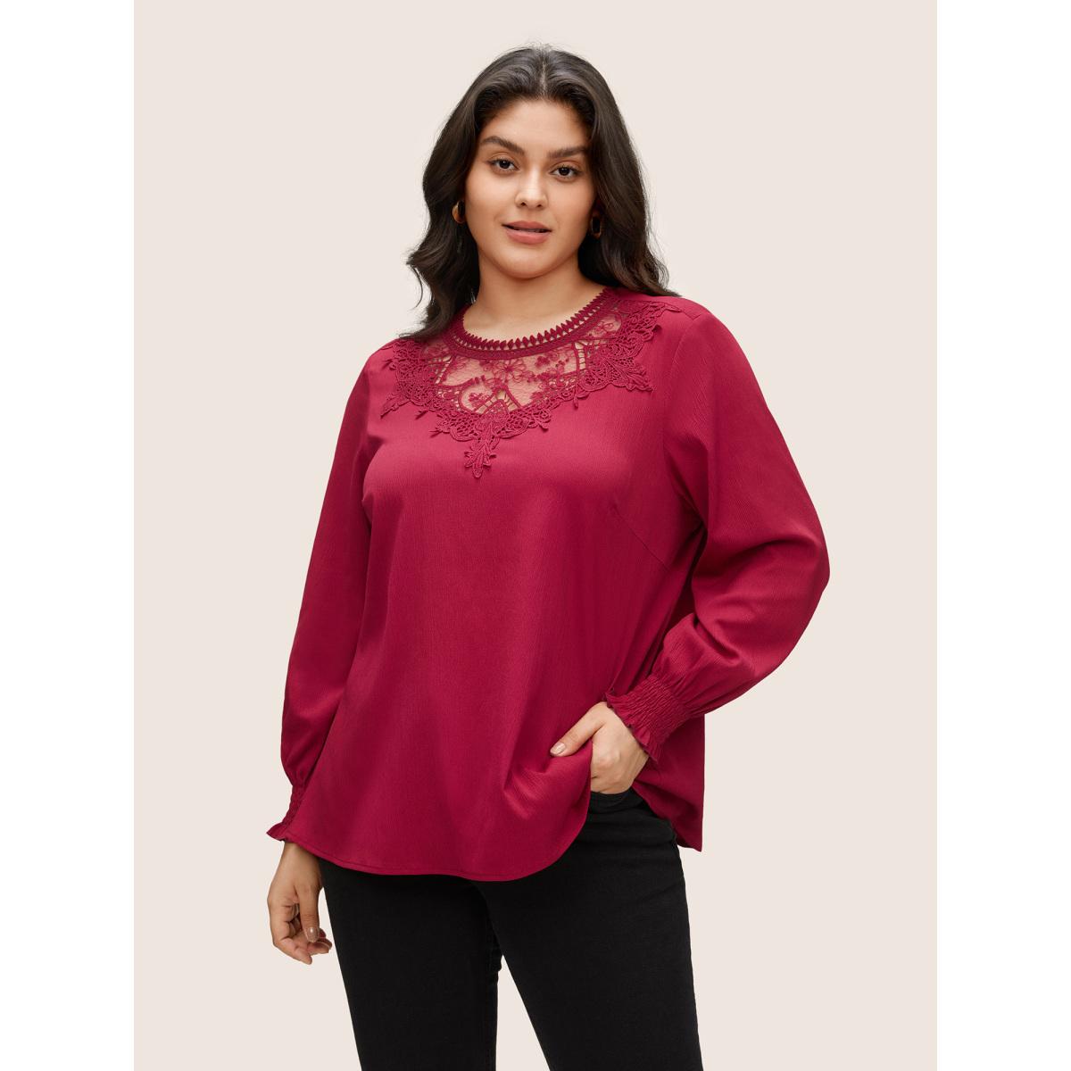 Plus Size Scarlet Lace Patchwork Shirred Crinkle Gauze Blouse Women Elegant Long Sleeve Round Neck Everyday Blouses BloomChic 26/4X Product Image
