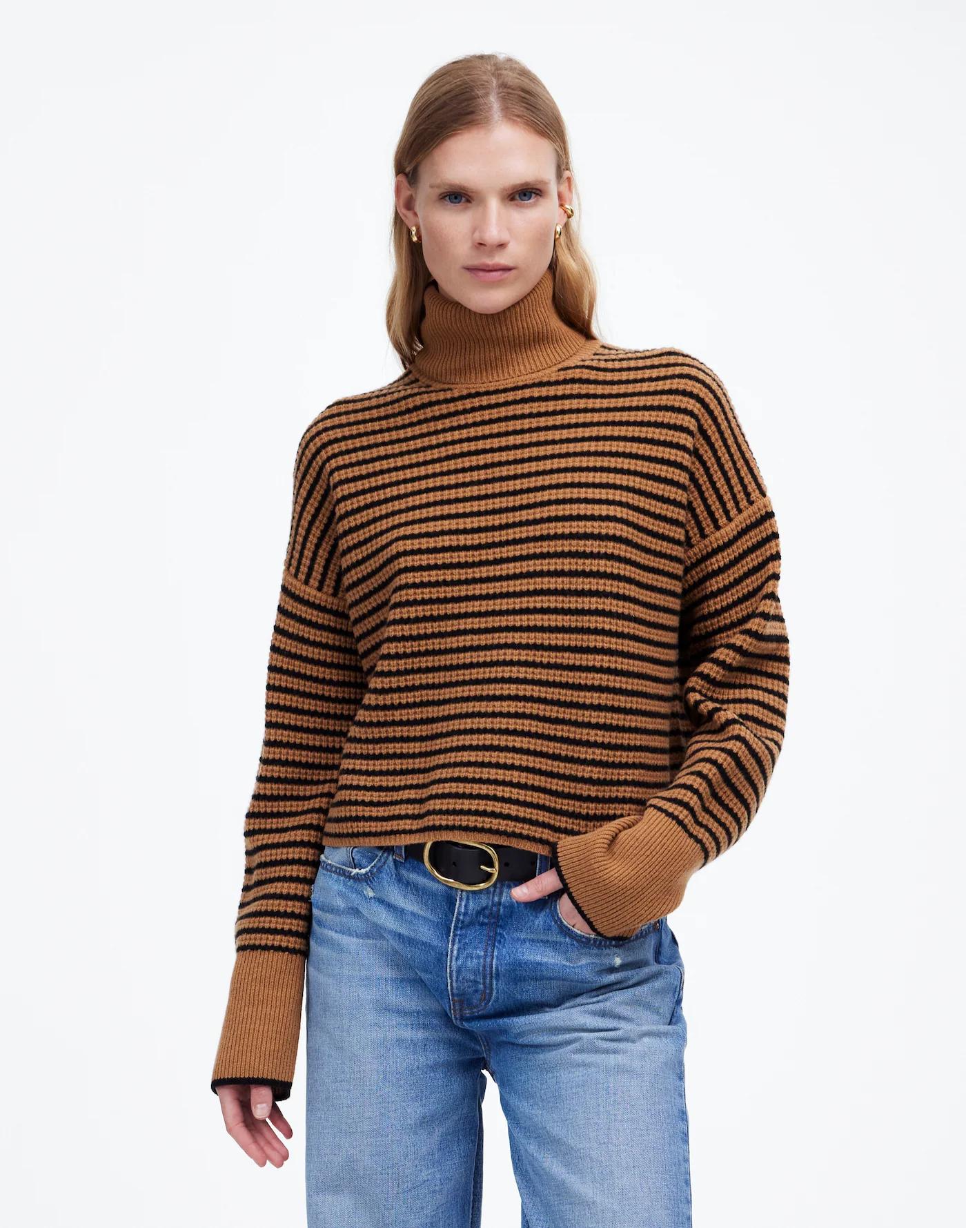 Wool Waffle-Knit Turtleneck in Stripe Product Image