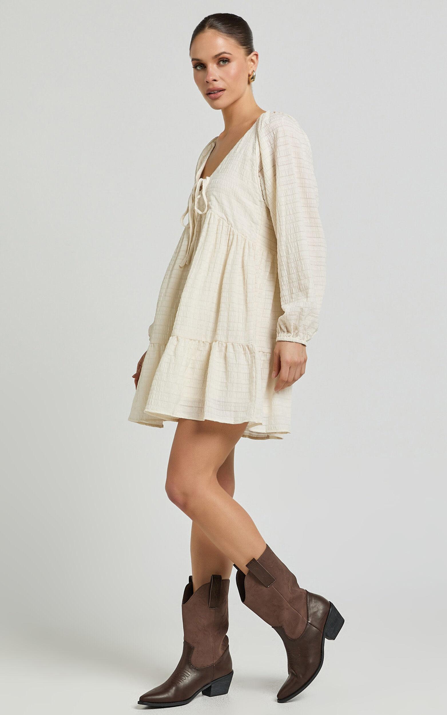 Chaney Mini Dress - Long Sleeve Tie Front Smock Dress in Ivory Product Image