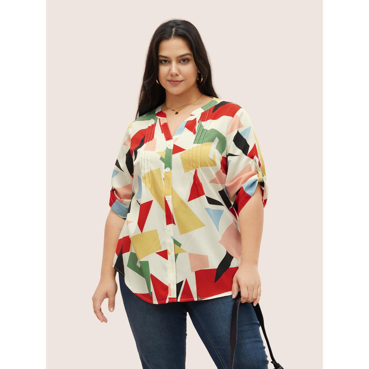 Plus Size Ivory Geometric Notched Pleated Tab Sleeve Blouse Women At the Office Elbow-length sleeve Flat collar Work Blouses BloomChic 22-24/3X Product Image