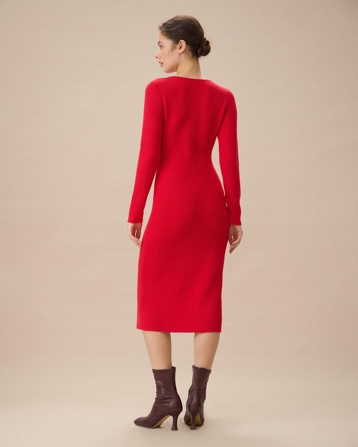 Red Cut-Out Bodycon Sweater Dress Product Image