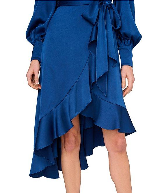 Aidan Mattox V-Neck Bishop Sleeve Asymmetrical Ruffle Hem Wrap Dress Product Image