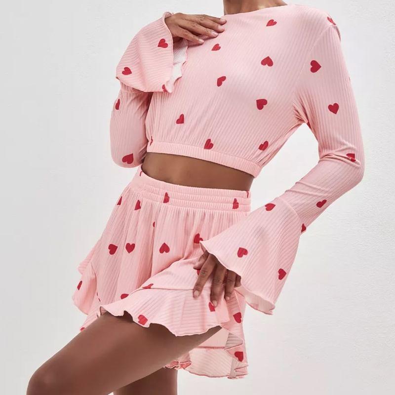 Pajama Set: Bell Sleeve Crew Neck Heart Print Crop Top + Elastic Waist Ruffle Shorts Product Image