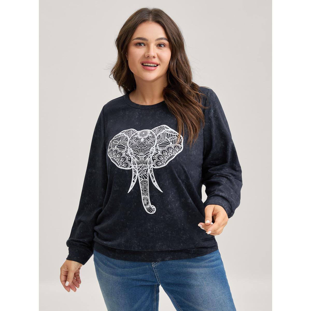 Plus Size Elephant Motif Crew Neck Sweatshirt Women Indigo Non Round Neck Casual Sweatshirts BloomChic 10/M Product Image