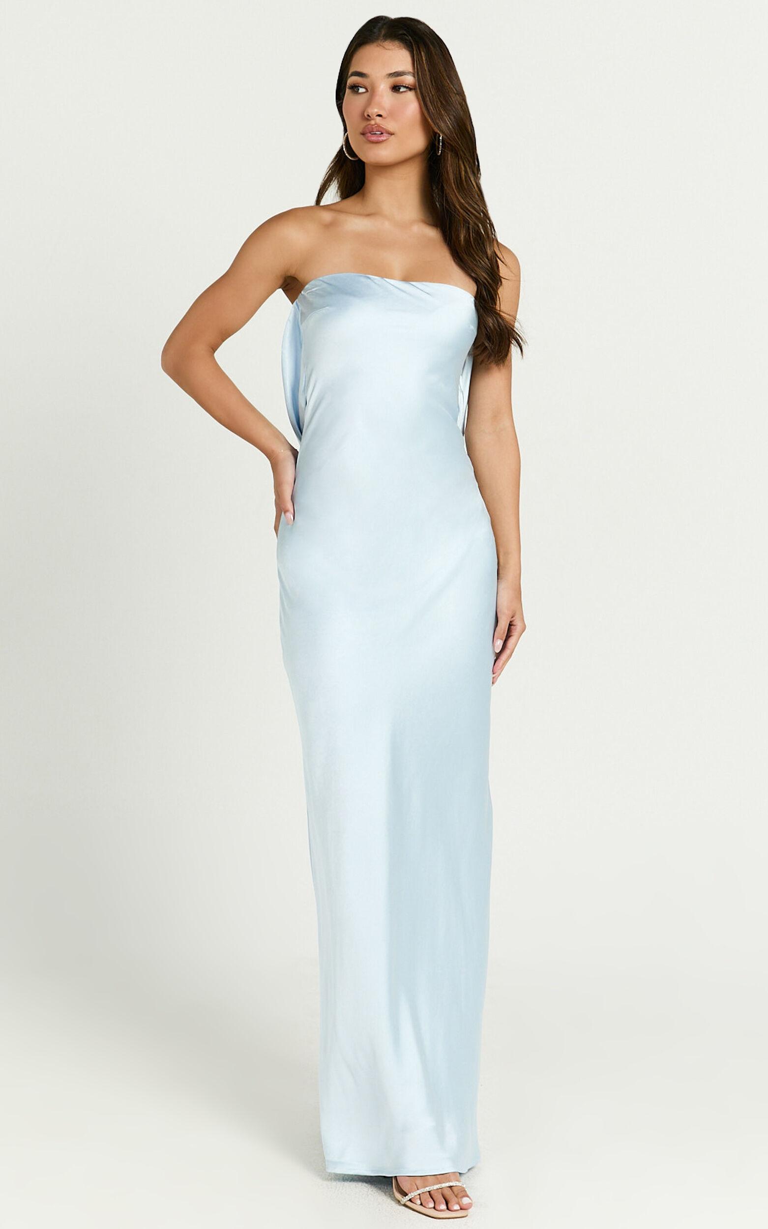 Charlita Maxi Dress - Strapless Cowl Back Satin Dress in Light Blue Product Image
