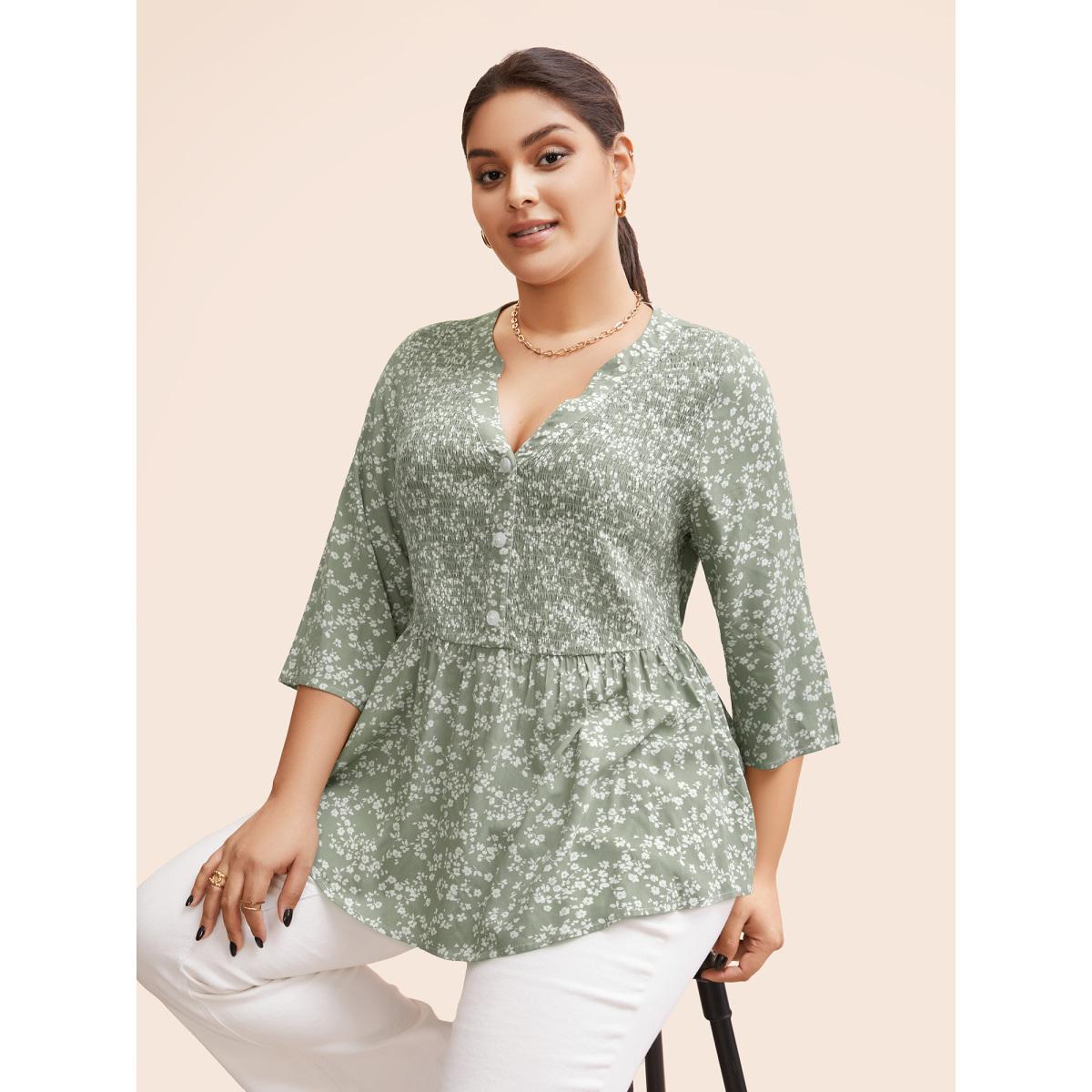 Plus Size Greenbean Ditsy Floral Pleated Button Detail Blouse Women Elegant Elbow-length sleeve Flat collar with V-notch Everyday Blouses BloomChic 30/6X Product Image