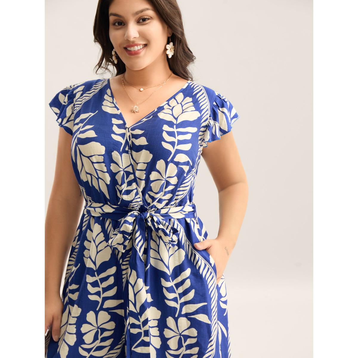 Plus Size Navy Large Floral Print Pockets Jumpsuit Women Resort Cap Sleeve Overlap Collar Vacation Loose Jumpsuits BloomChic 22-24/3X Product Image