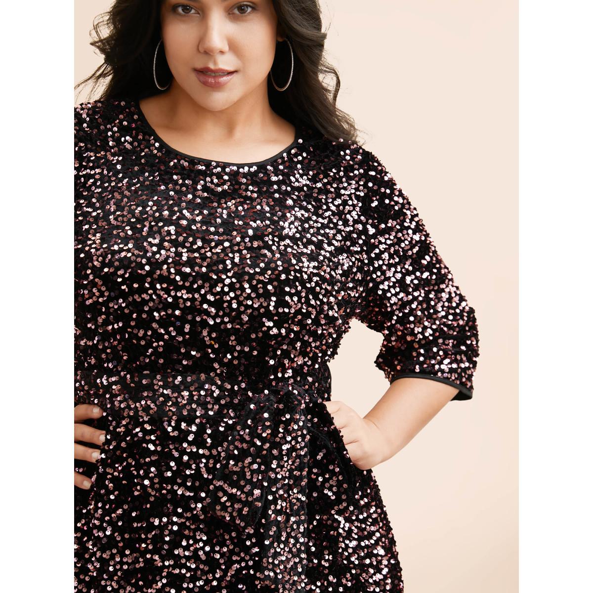 Plus Size Sequin Round Neck Dress Black Women Cocktail Texture Party Curvy Bloomchic 22-24/3X Product Image