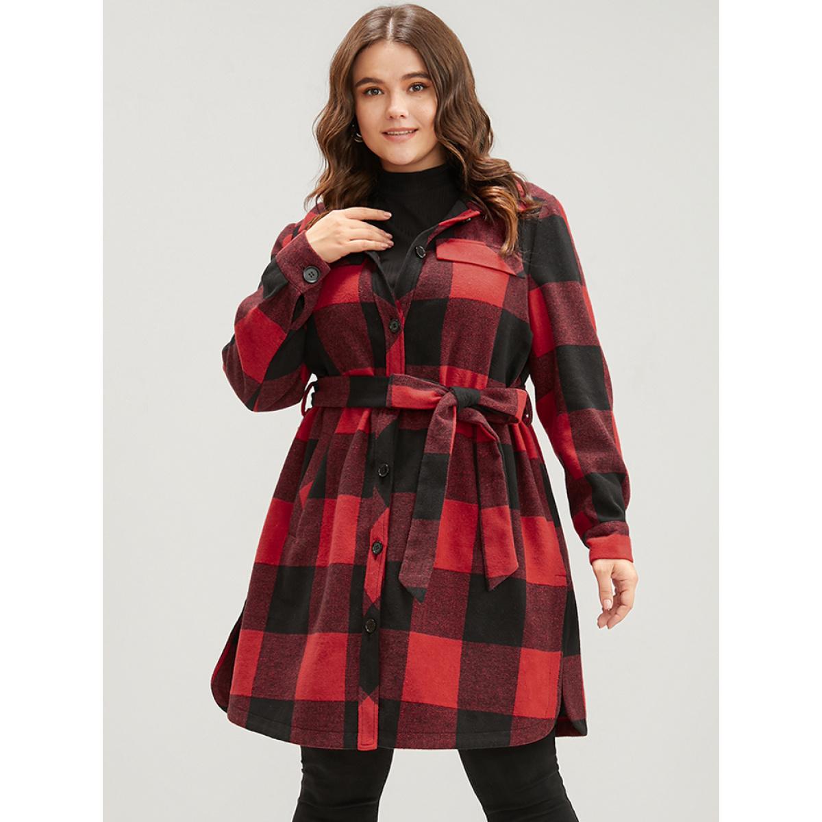 Plus Size Plaid Pocket Button Up Belted Coat Women Red Elegant Cross straps Ladies Dailywear Winter Coats BloomChic 26/4X Product Image
