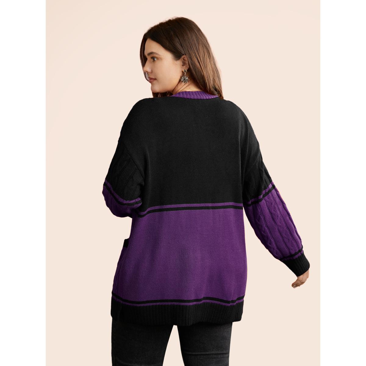 Plus Size Jack-o-Lantern Motif Cable Knit Cardigan Deeppurple Women Casual Loose Long Sleeve Everyday Cardigans BloomChic 30/6X Product Image