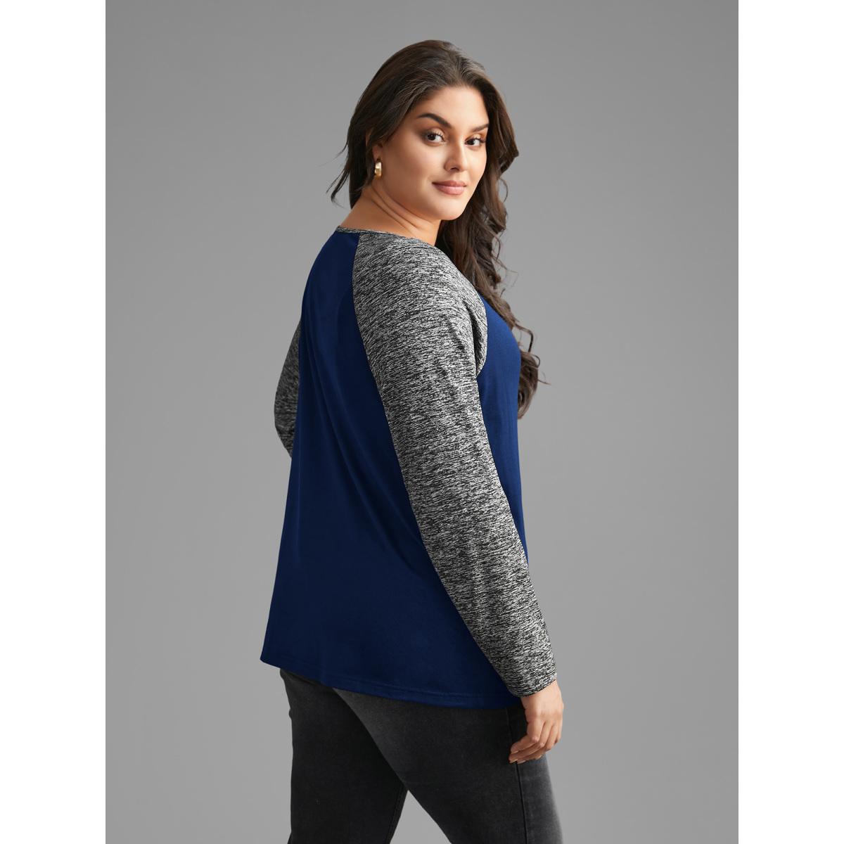 Plus Size Heather Patchwork Button Detail Stretchy T-Shirt DarkBlue Women Leisure Contrast Flat collar with V-notch Casual T-shirts BloomChic 12/L Product Image