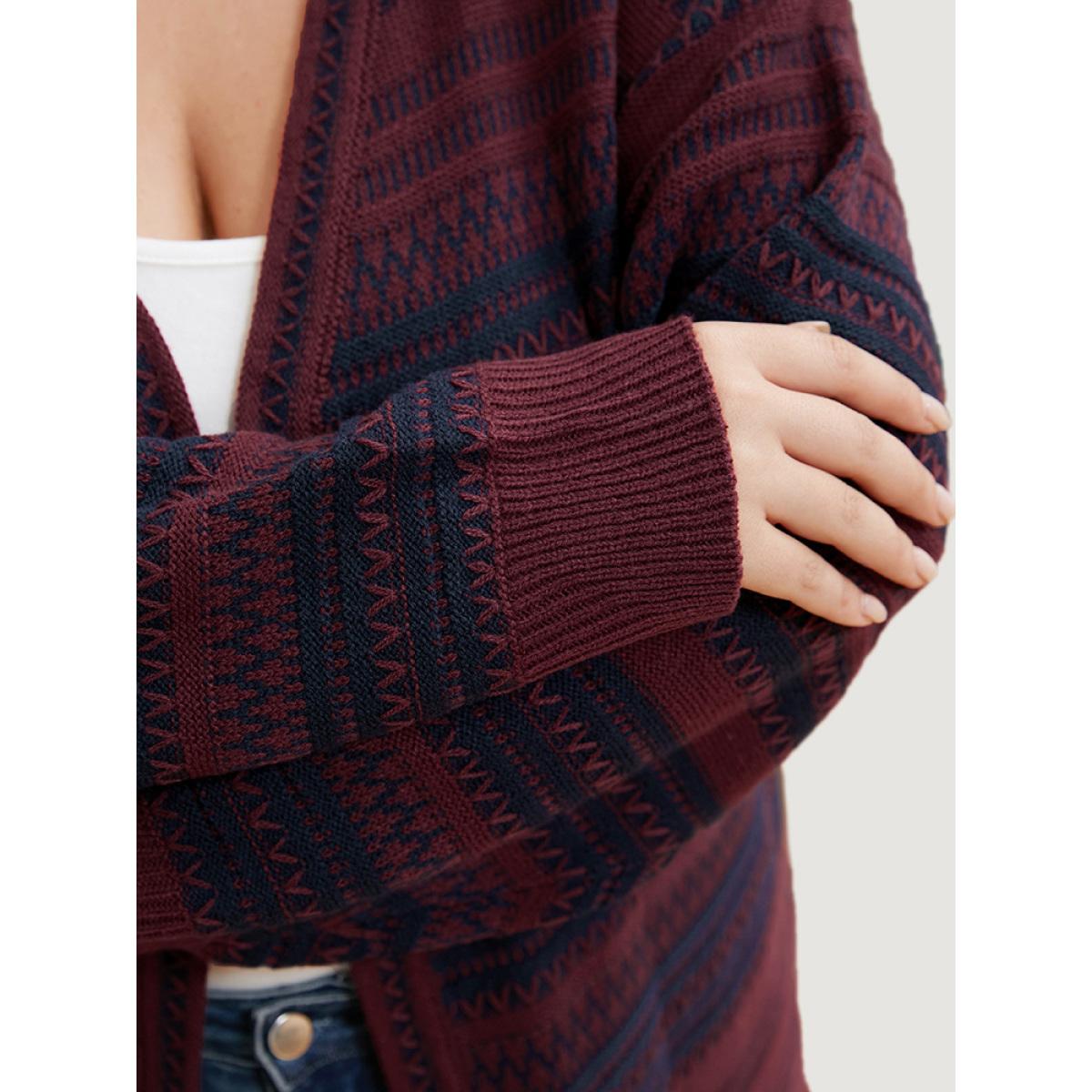 Plus Size Striped Contrast Pointelle Knit Open Front Loose Cardigan Scarlet Women Casual Loose Long Sleeve Office Cardigans BloomChic 14-16/1X Product Image