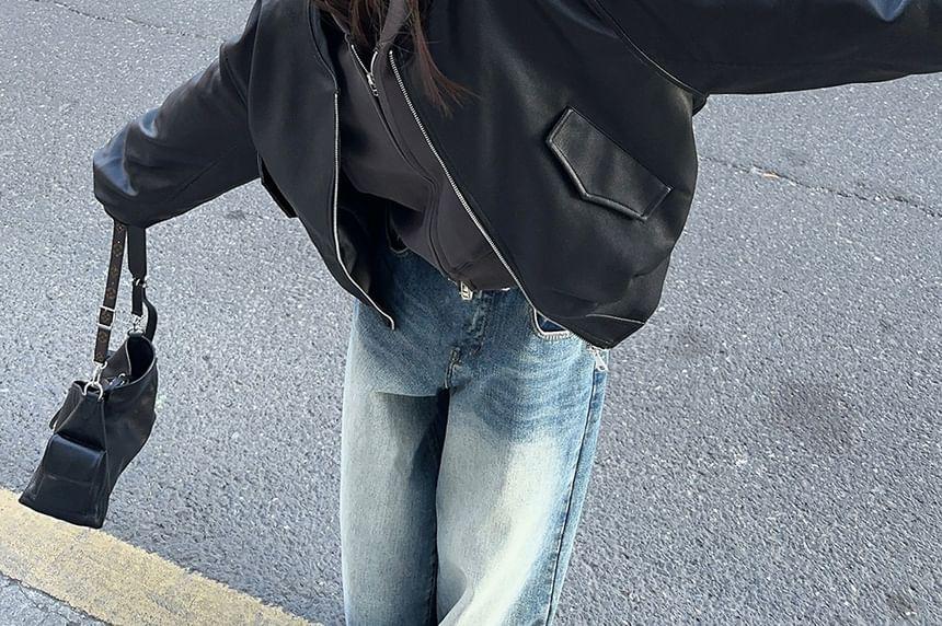 Plain Zip-Up Hoodie / Faux Leather Bomber Jacket Product Image