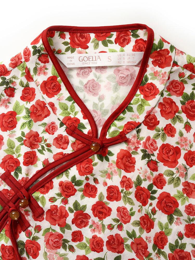 Red Rose Print Cheongsam Women Qipao Midi Dress Product Image