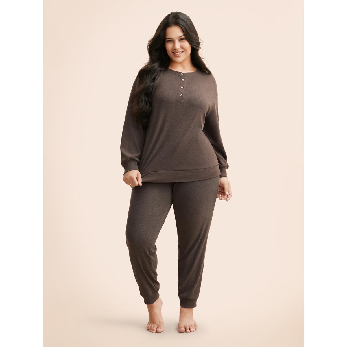 Plus Size Airy Cozy Drop Shoulder T-shirt DarkBrown Women Casual Texture Round Neck Everyday T-shirts BloomChic 28/5X Product Image