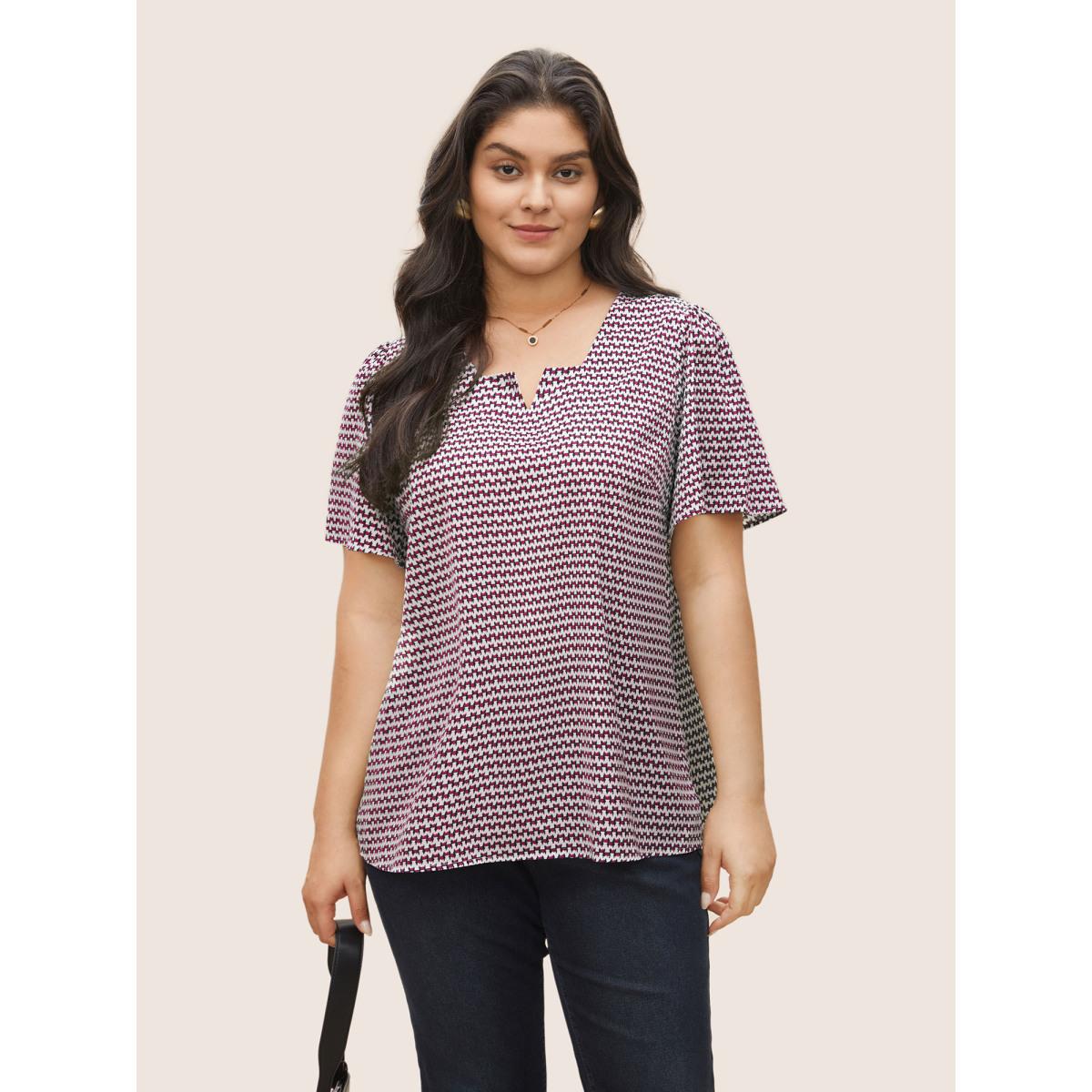 Plus Size Deeppurplered Geometric Print Notched Split Hem Blouse Women At the Office Short sleeve Notched collar Work Blouses BloomChic 14-16/1X Product Image