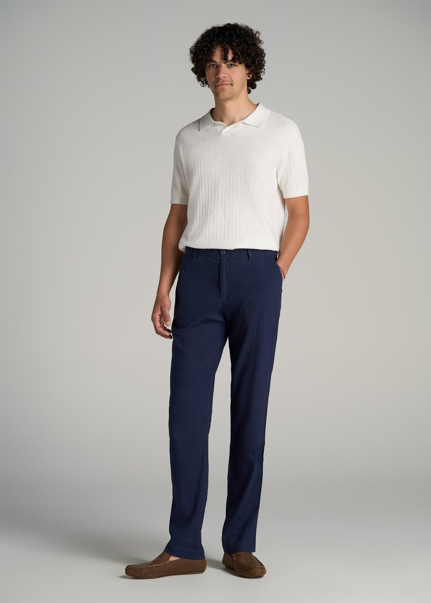 Garment Dyed Linen Casual Pants for Tall Men in Summer Blue Male Product Image