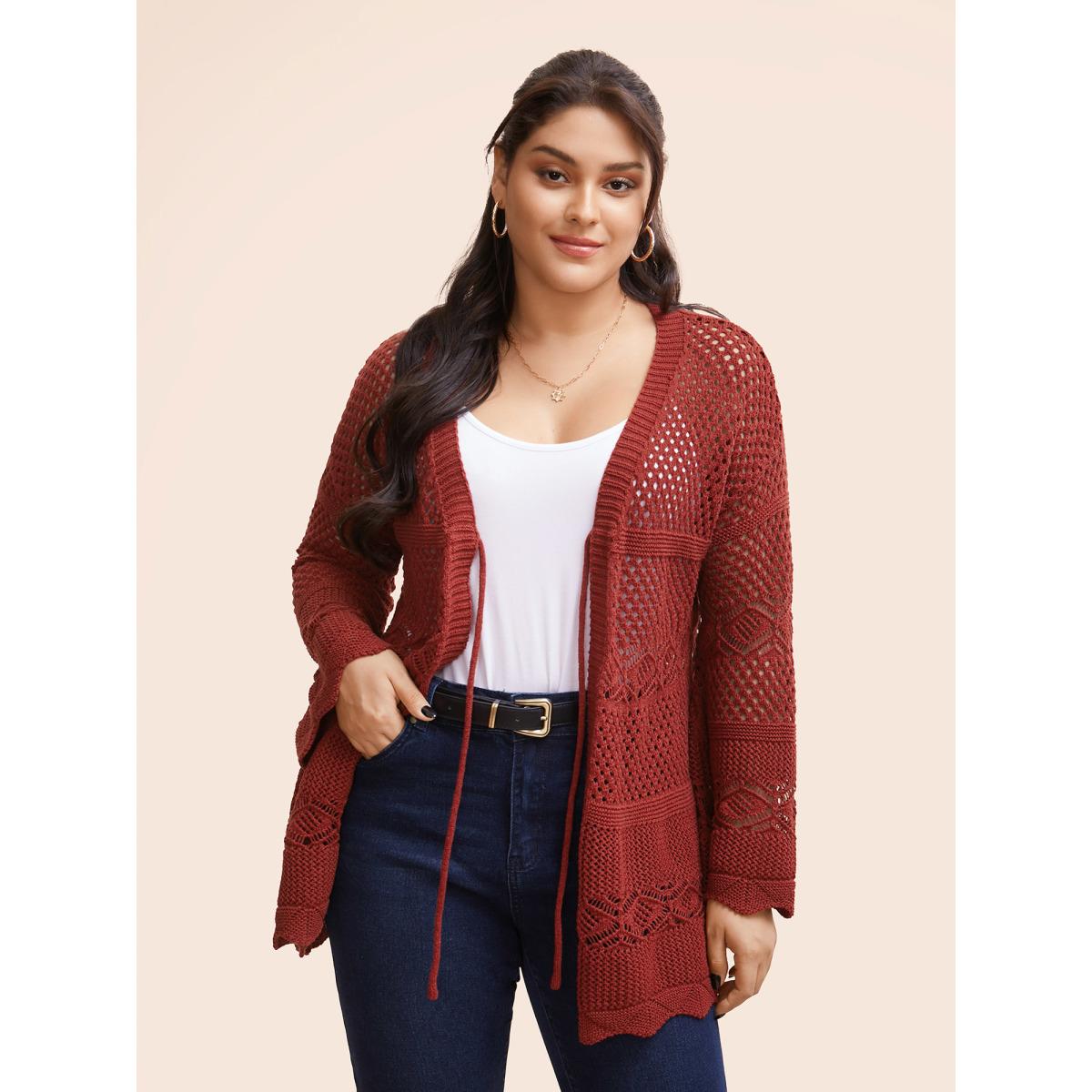 Plus Size Texture Tie Knot Bell Sleeve Cardigan Russet Women Casual Loose Three Quater Length Sleeve Everyday Cardigans BloomChic 28/5X Product Image