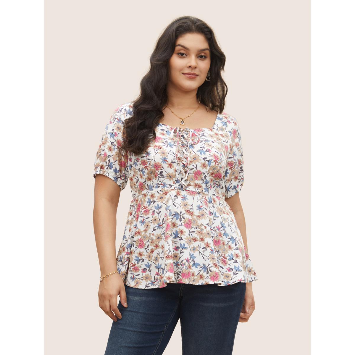 Plus Size White Floral Lace Up Gathered Lantern Sleeve Blouse Women Elegant Short sleeve Square Neck Everyday Blouses BloomChic 12/L Product Image