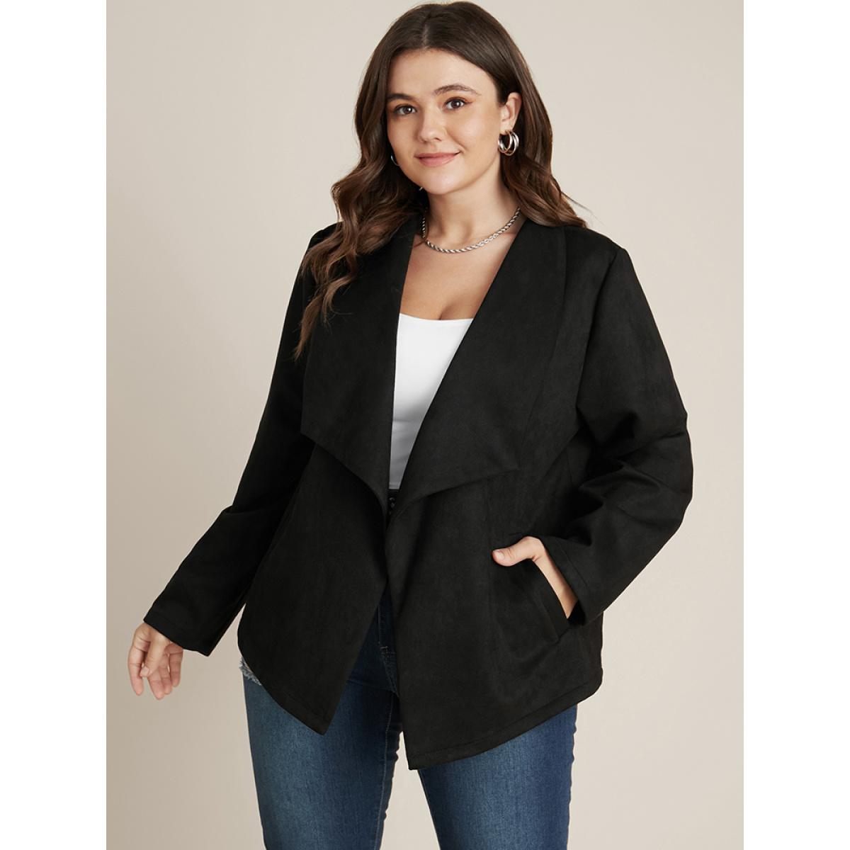 Plus Size Solid Waterfall Collar Pocket Coat Women Black Office Pocket Ladies Office Winter Coats BloomChic 30/6X Product Image