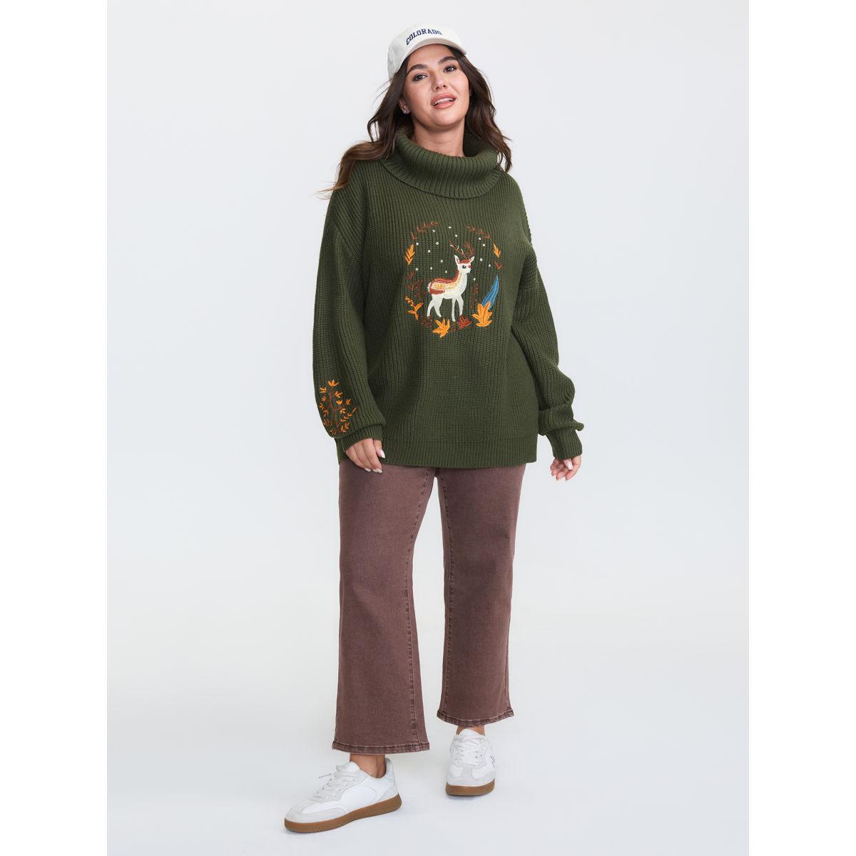 Plus Size Turtleneck Deer Embroidery Knit Pullover ArmyGreen Women Playful Loose Long Sleeve Turtleneck Casual Pullovers BloomChic 26/4X Product Image
