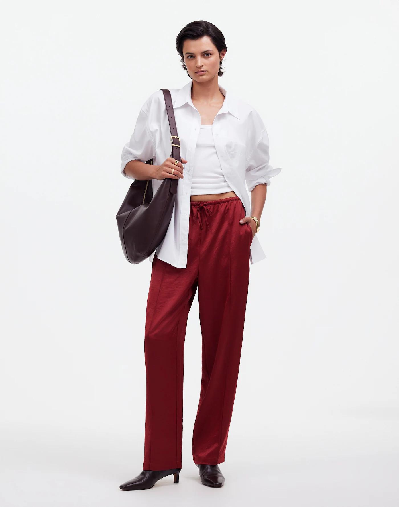 Pintucked Slim Pull-On Pants in Satin Product Image