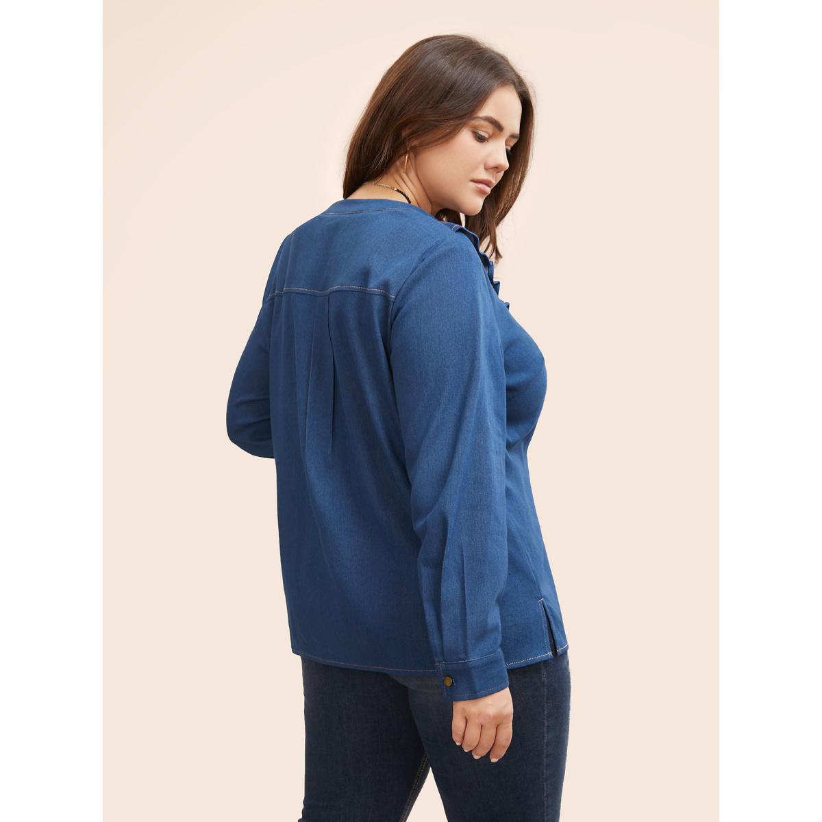 Plus Size Stretch Denim Lotus Leaf Neckline Shirt Denimblue Women Button Low stretch Vacation Resort Denim Tops BloomChic 12/L Product Image