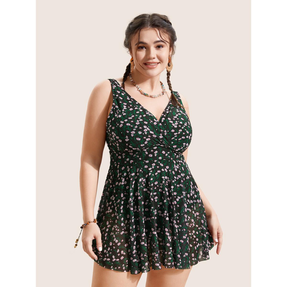 Plus Size Ditsy Floral See Through Gathered Swim Dress Women's Swimwear Black Beach Bodycon Overlap Collar High stretch Curve Swim Dresses BloomChic 10/M Product Image