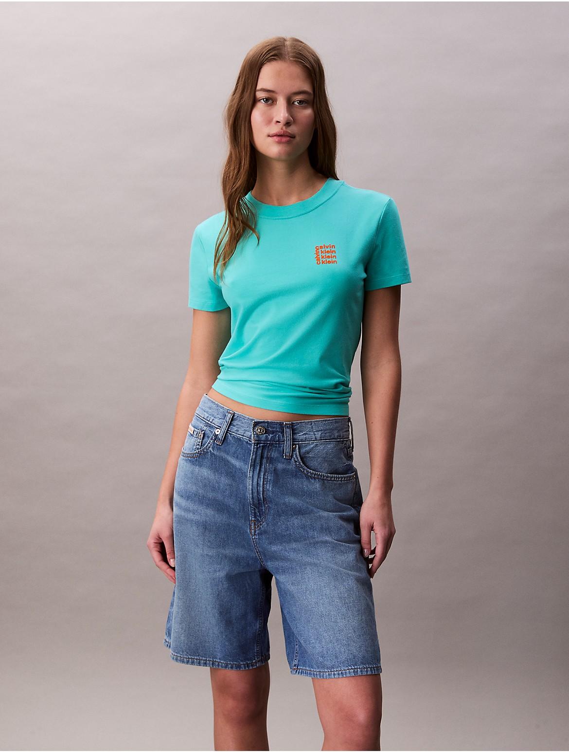 Calvin Klein Womens Square Logo Graphic Slim T-Shirt - Blue Product Image