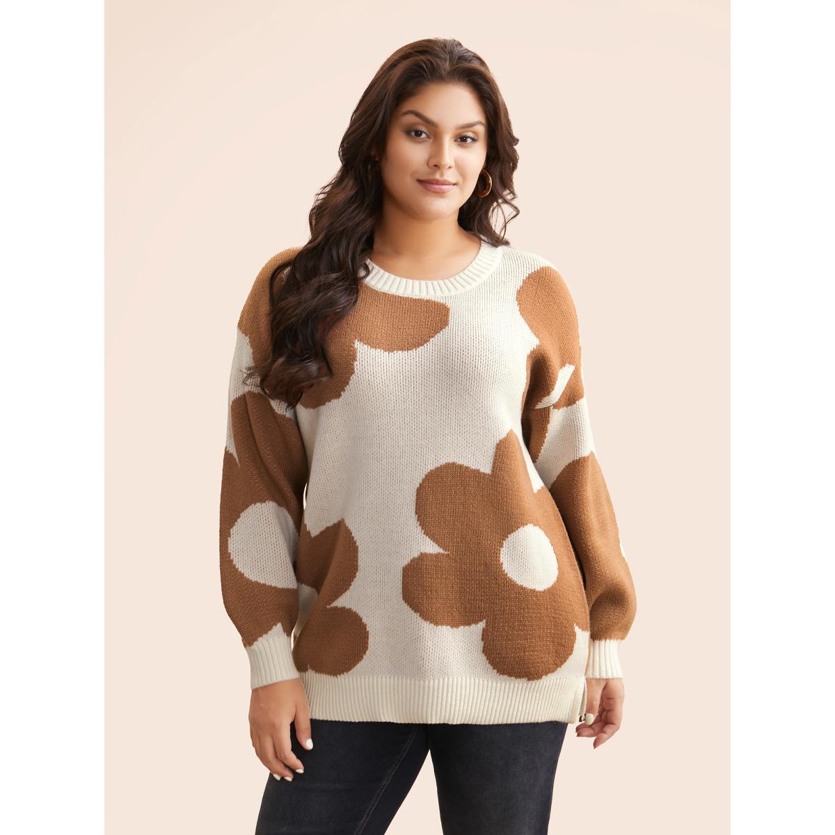 Plus Size Floral Jacquard Drop Shoulder Sleeve Pullover Apricot Women Casual Loose Long Sleeve Round Neck Everyday Pullovers BloomChic 14-16/1X Product Image