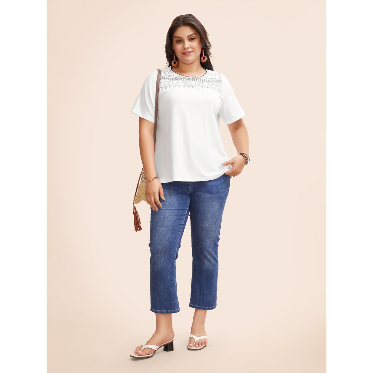 Plus Size Round Neck Embroidered Shirred T-shirt Originalwhite Women Resort Woven ribbon&lace trim Art&design Round Neck Vacation T-shirts BloomChic 12/L Product Image