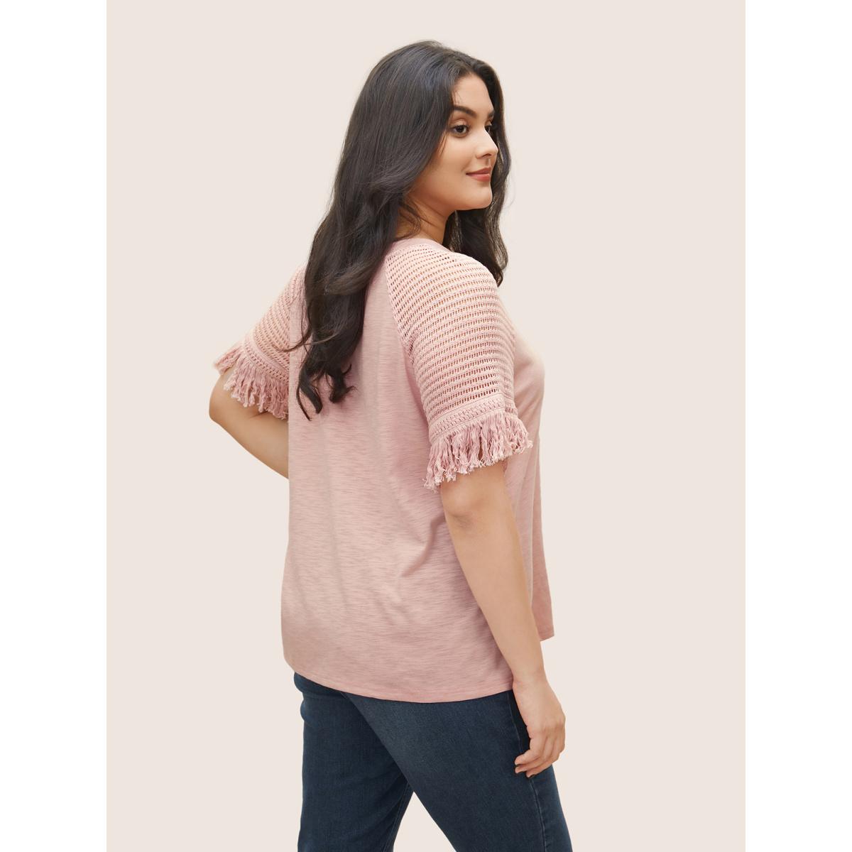 Plus Size Solid Cut Out Raglan Sleeve Fuzzy Trim T-shirt Pink Women Elegant Non Plain Round Neck Everyday T-shirts BloomChic 10/M Product Image