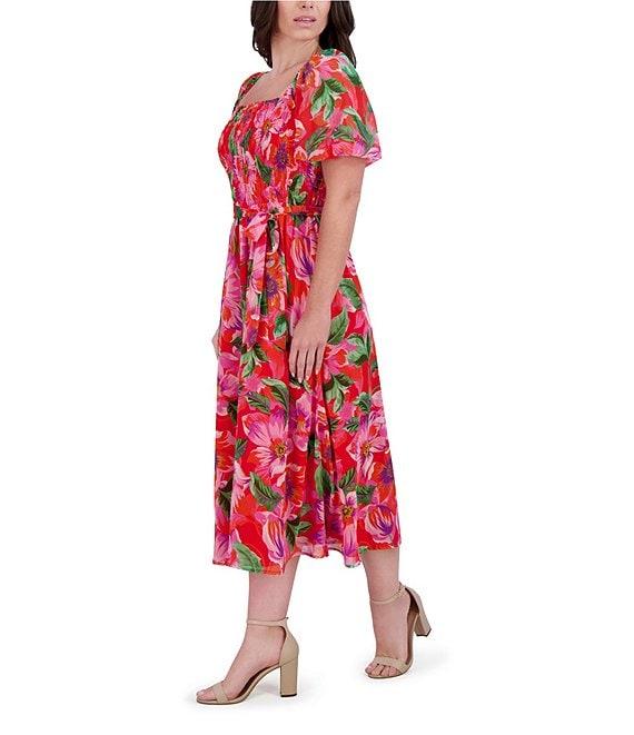 Kensie Chiffon Floral Print Square Neck Short Sleeve A-Line Midi Dress Product Image