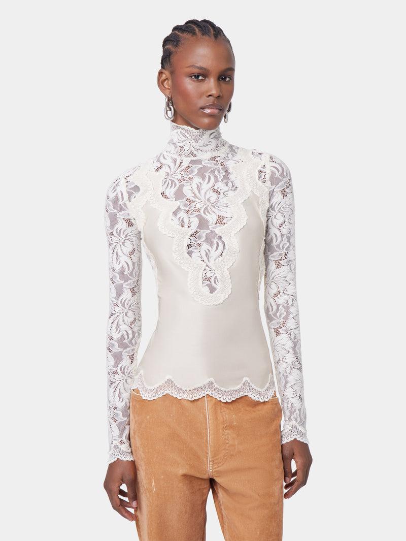 IVORY LONG SLEEVE TOP IN LACE AND JERSEY Product Image