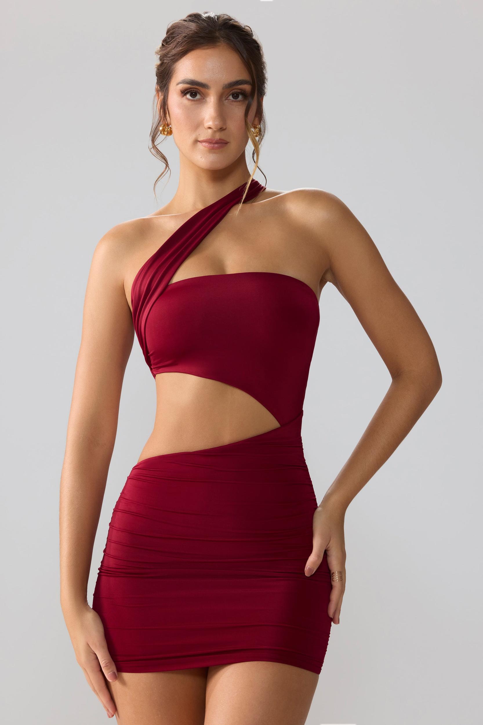 Slinky Jersey Ruched Cut Out Mini Dress in Ruby Product Image