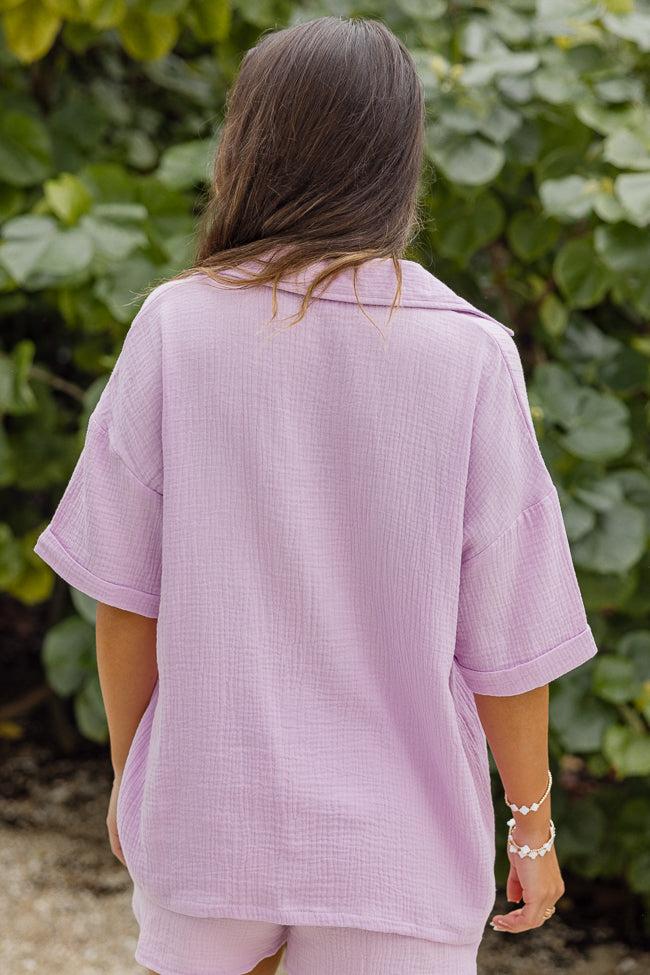 Let Me Adore You Short Sleeve Purple Button Front Gauze Blouse Product Image