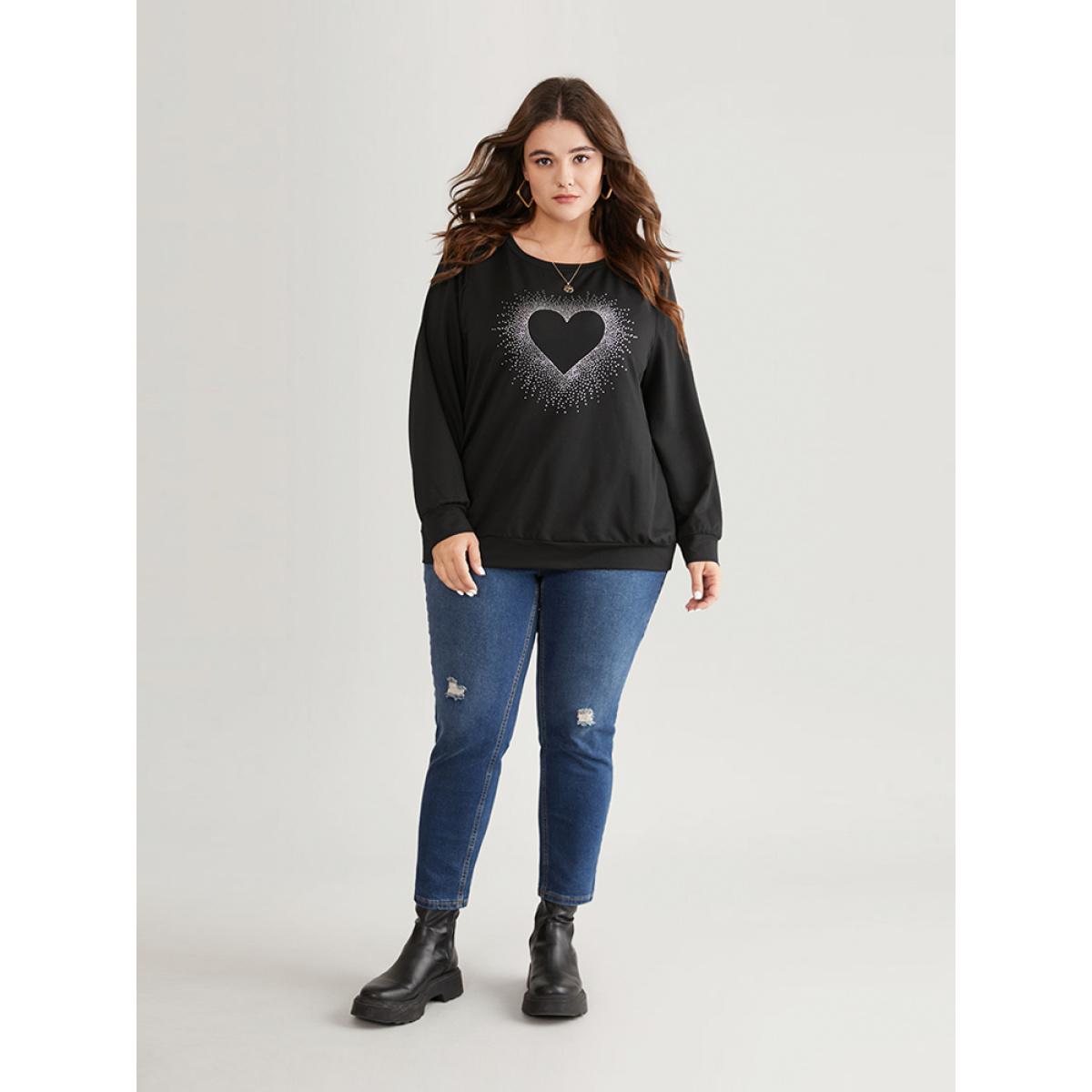 Plus Size Heart Rhinestone Round Neck Sweatshirt Women Black Casual Rhinestone detailing Dailywear Sweatshirts BloomChic 30/6X Product Image