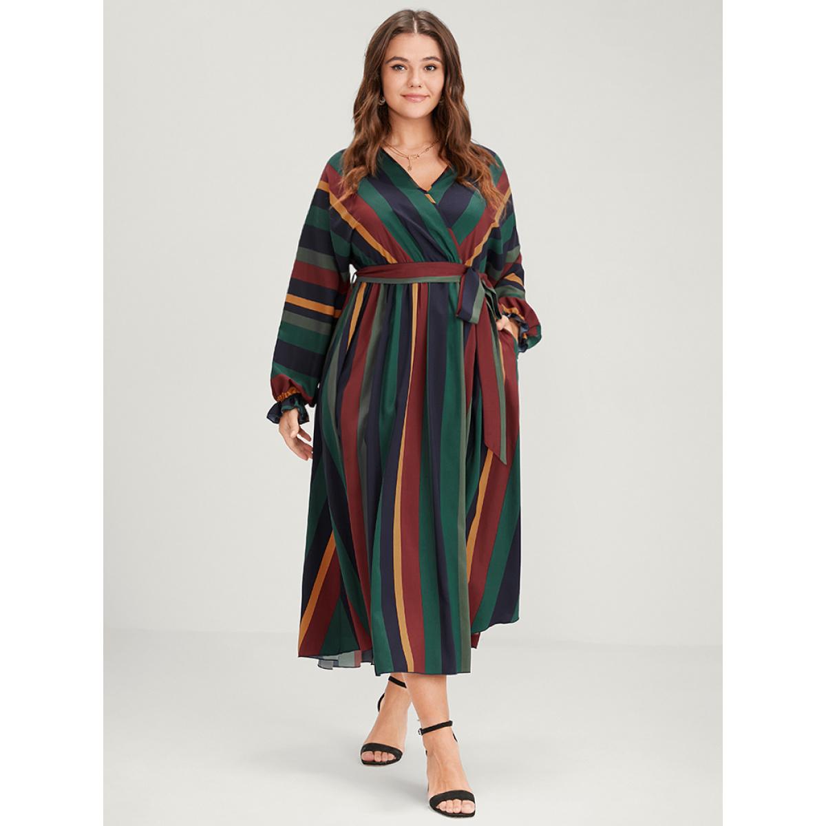 Plus Size Striped Pocket Dolman Sleeve Wrap Button Flutter Belted Split Dress Multicolor Women Vacation Cross straps V-neck Long Sleeve Curvy Long Dress BloomChic 26/4X Product Image