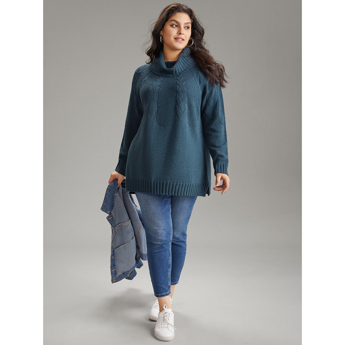 Plus Size Solid Turtle Neck Cable Knit Pullover Cyan Women Casual Loose Long Sleeve Turtleneck Dailywear Pullovers BloomChic 28/5X Product Image
