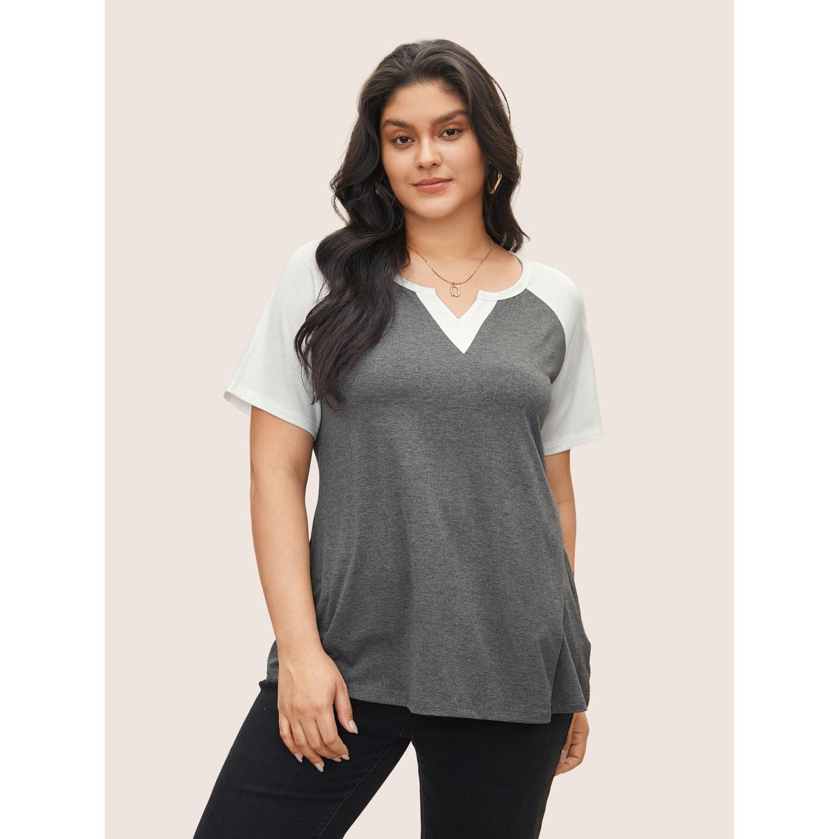 Plus Size Colorblock Contrast Notched Raglan Sleeve T-shirt DimGray Women Casual Plain Everyday T-shirts BloomChic 28/5X Product Image
