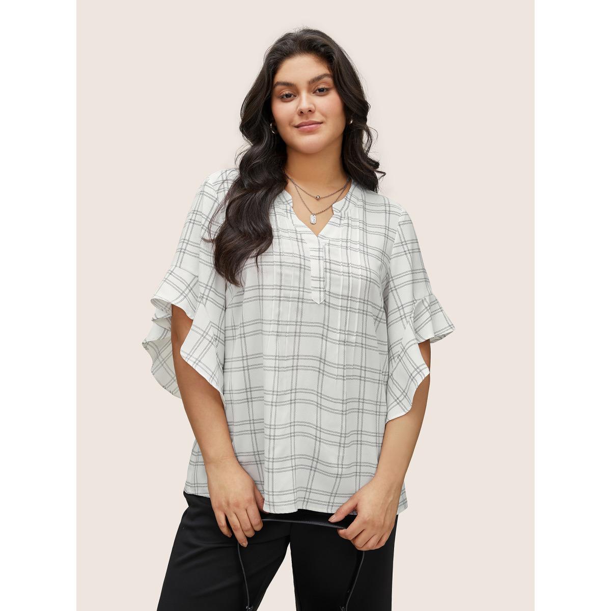 Plus Size White Plaid Notched Patchwork Ruffle Sleeve Blouse Women At the Office Half Sleeve Flat collar with V-notch Work Blouses BloomChic 18-20/2X Product Image