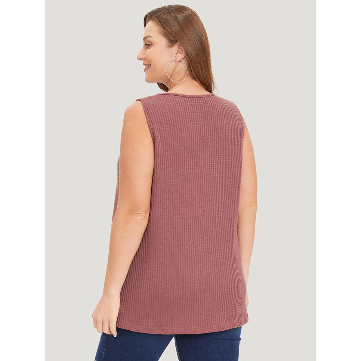 Plus Size Waffle Knit Button Detail Plicated Detail Tank Top Women DustyPink Casual V-neck Dailywear Tank Tops Camis BloomChic 30/6X Product Image