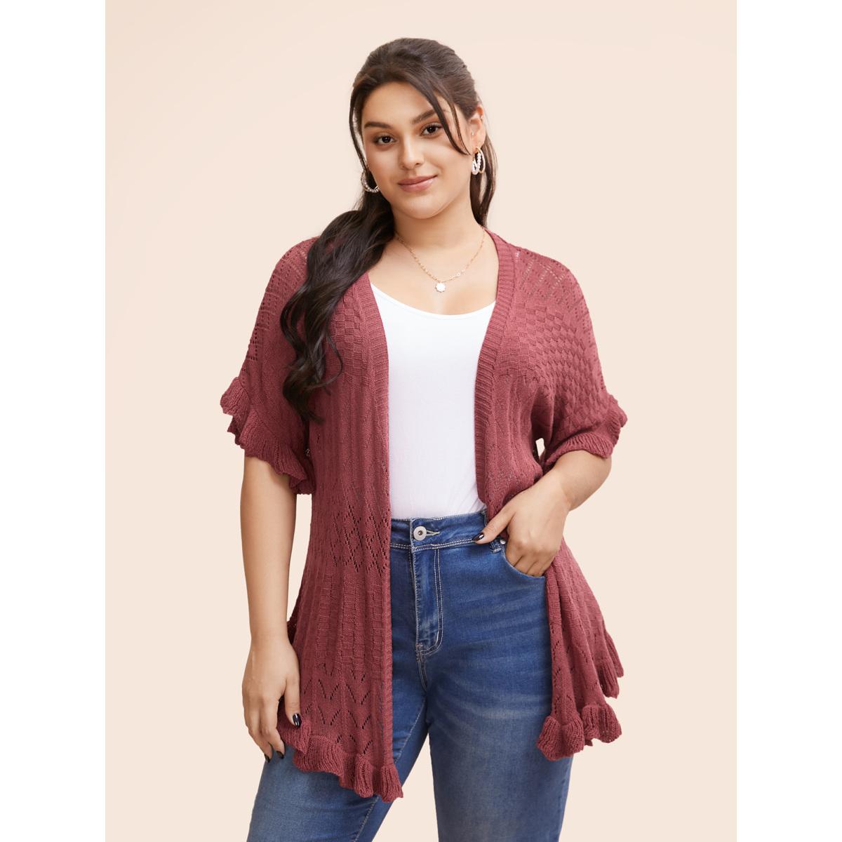 Plus Size Plain Ruffles Pointelle Knit Cardigan Russet Women Casual Loose Short sleeve Everyday Cardigans BloomChic 10/M Product Image