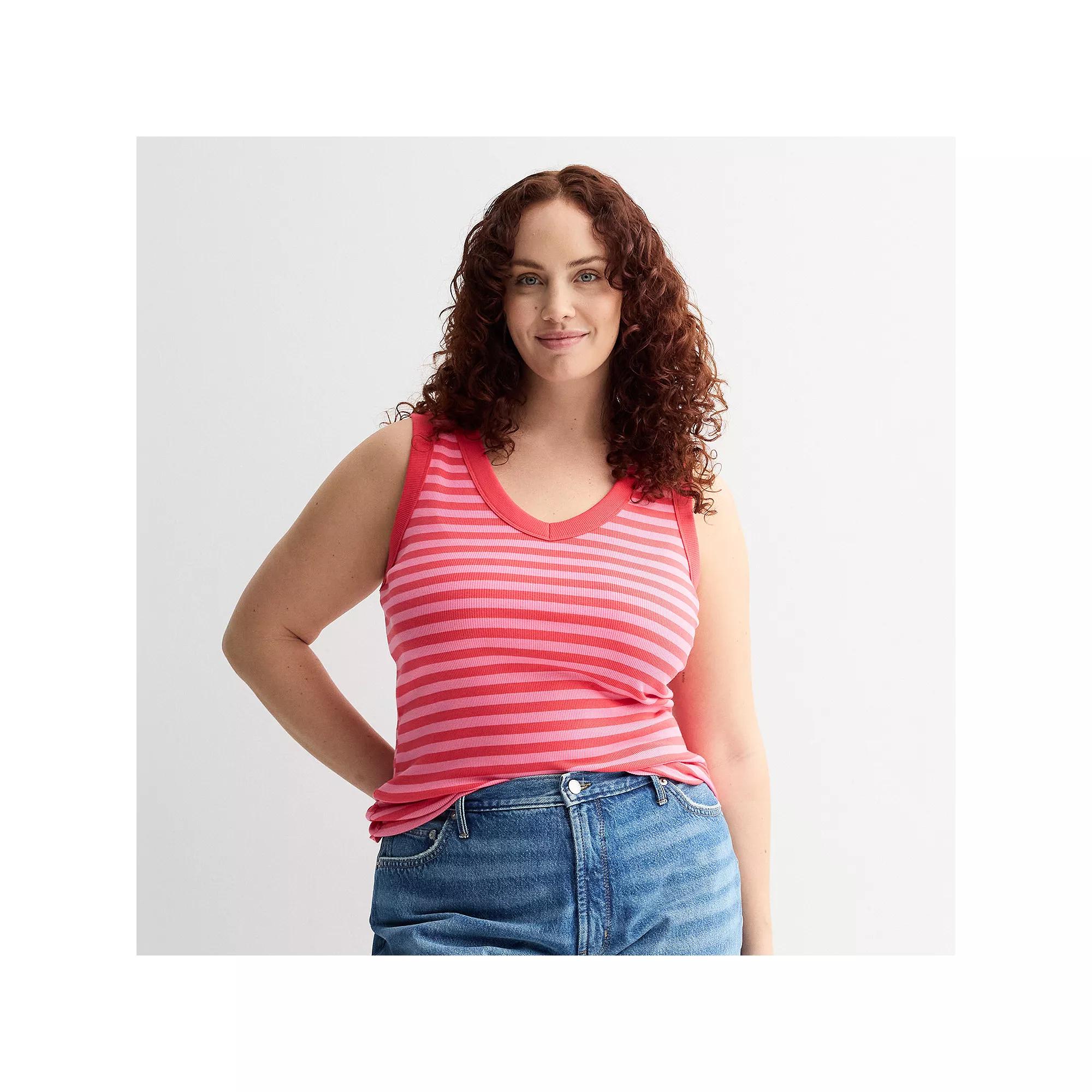 Plus Size Sonoma Goods For Life® Ribbed V-Neck Tank Top, Women's, Size: 4XL, White Navy Stripe Product Image