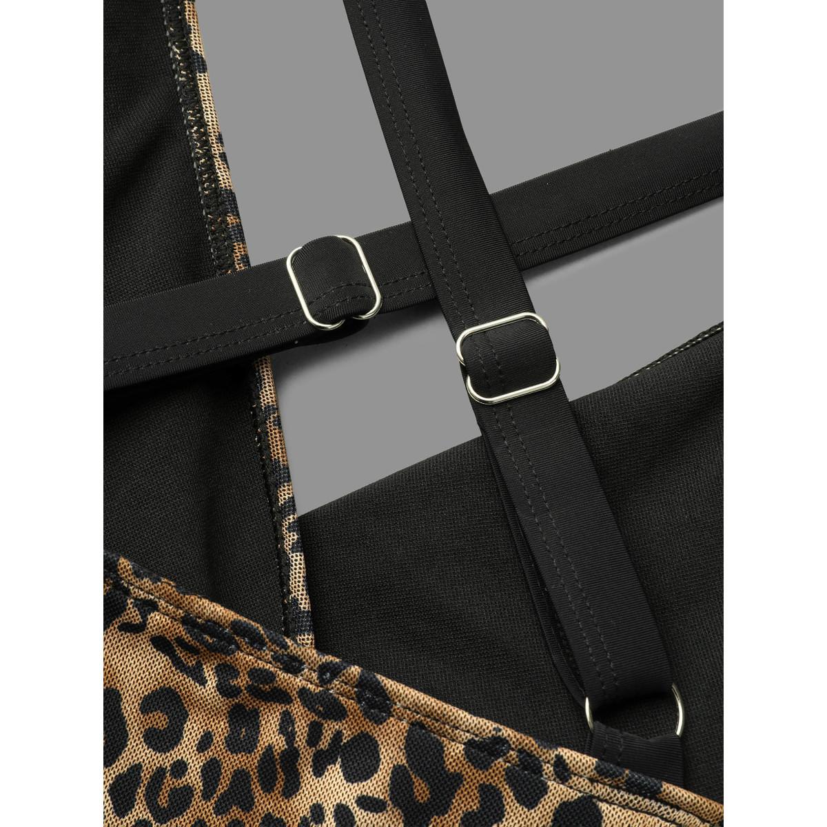 Plus Size Leopard Print Split Side Hem Swim Dress Women's Swimwear Leopard Beach Bodycon Overlap Collar High stretch Curve Swim Dresses BloomChic 26/4X Product Image