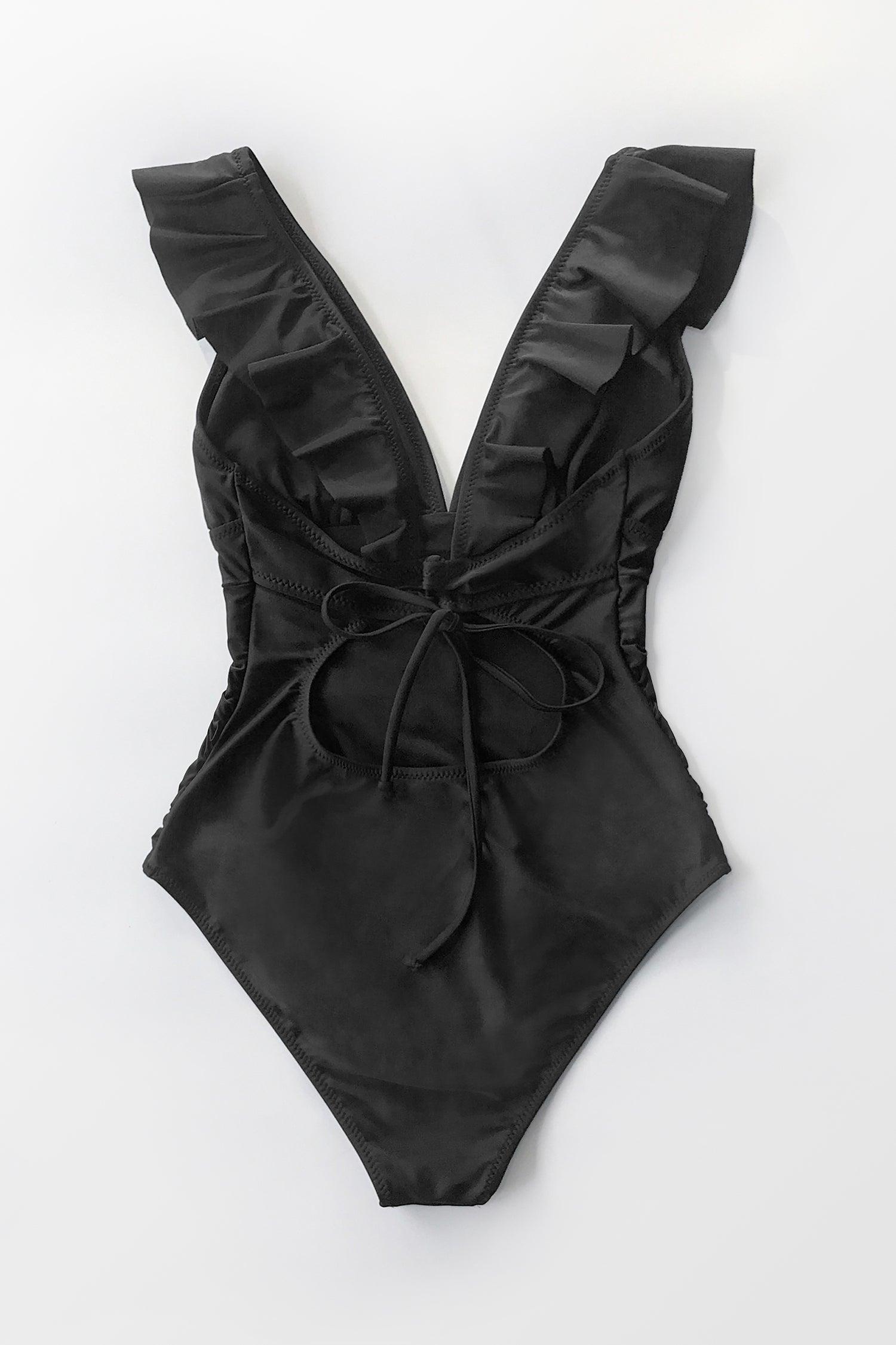 Summer Seaside Ruffled Ruched Plunge Gathered Black One Piece Product Image