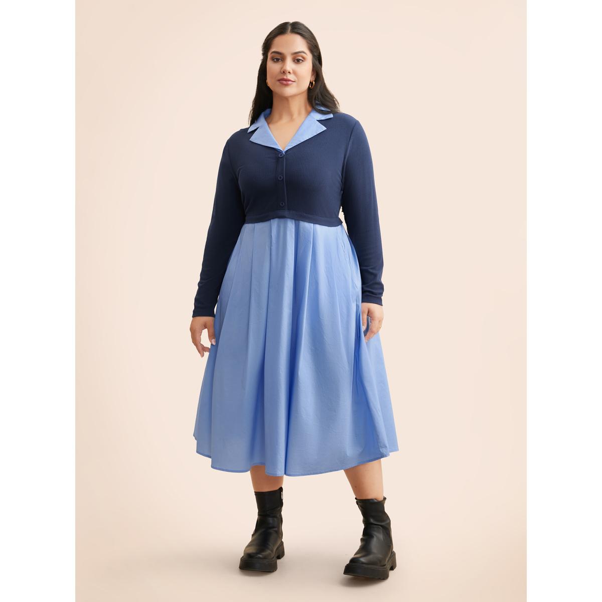 Plus Size 2-In-1 Contrast Patchwork Pleated Dress Indigo Women Elegant Texture Suit Collar Long Sleeve Curvy BloomChic 18-20/2X Product Image