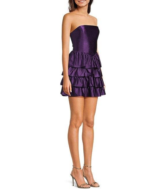 Honey and Rosie Glitter Knit Strapless Tiered Lace Up Tie Back Fit And Flare Dress Product Image