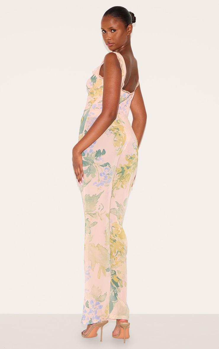 Pink Floral Printed Chiffon Corset Detail Flared Jumpsuit Product Image